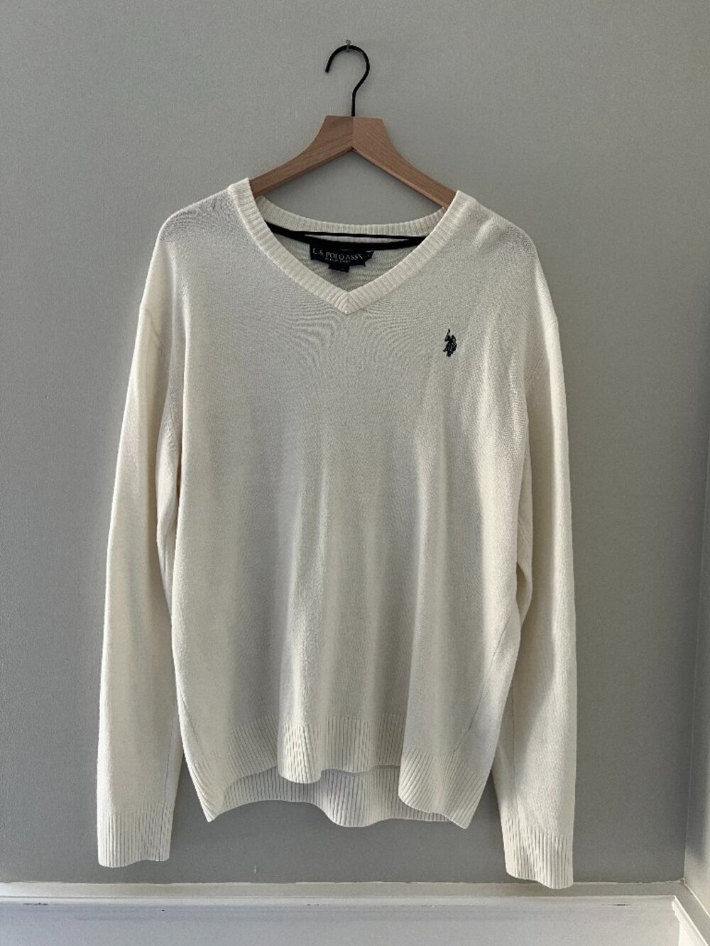 U.S. Polo Assn. Ivory V-Neck Sweater with Navy Embroidered Polo Rider